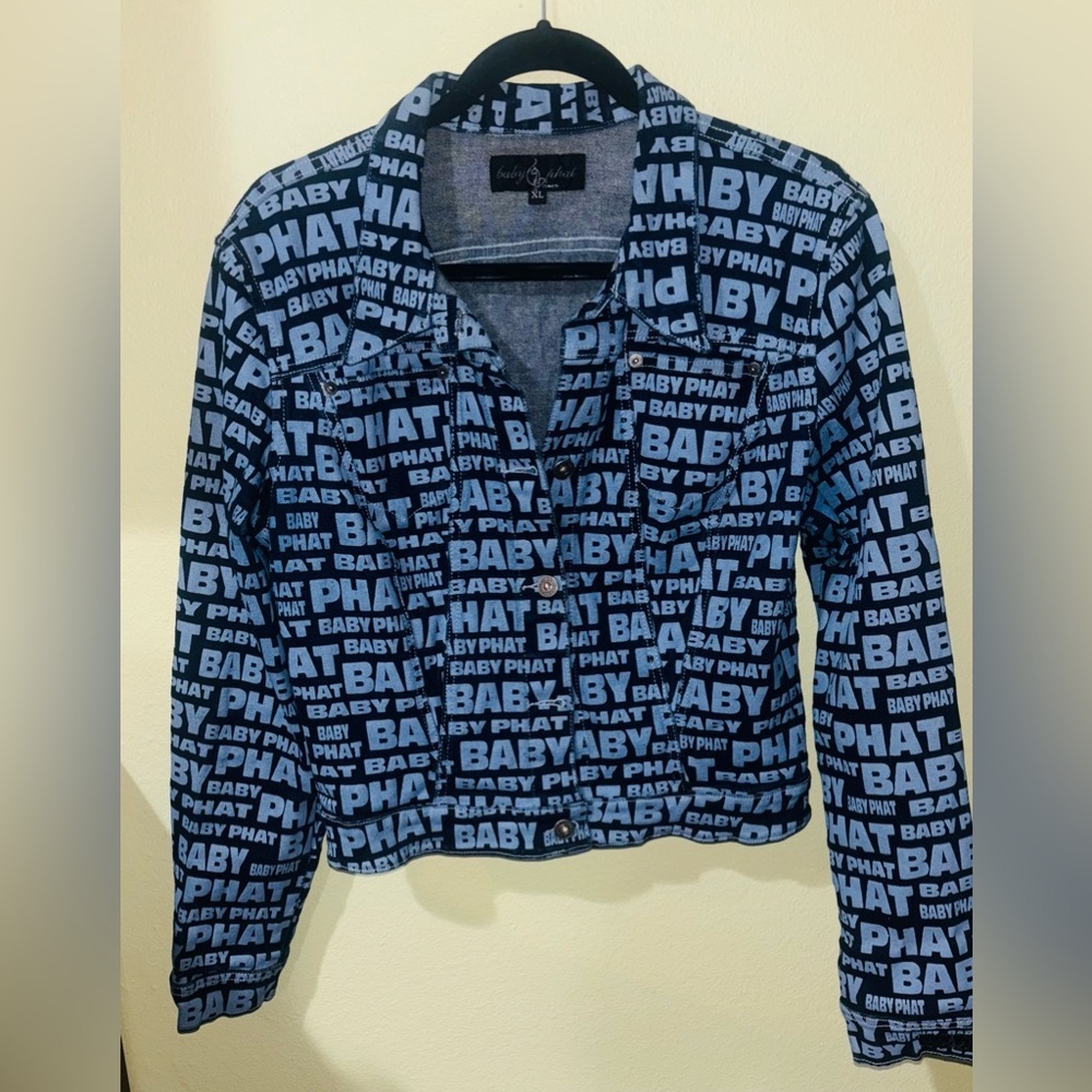Baby Phat All-Over Logo Print Blue Jean Denim Jacket Size: XL